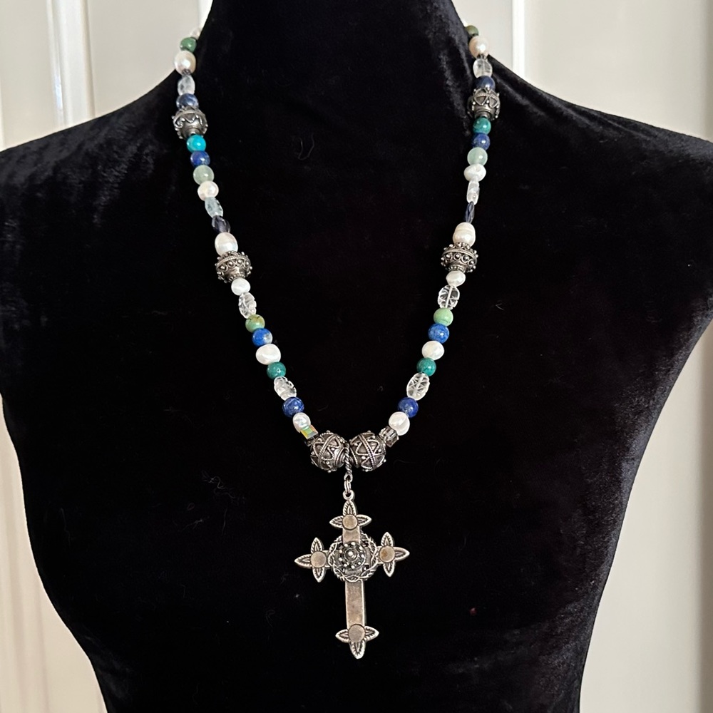 Multi Semi-Precious Gemstone Large Cross Pendant Colorful Blue Beaded Necklace